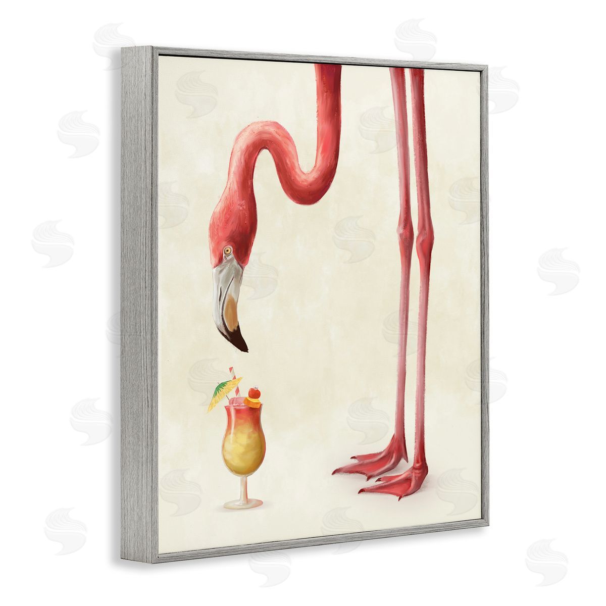 Pink Flamingo with Tropical Cocktail Grey Frame Print Wall Art, Home Decor by Ziwei Li