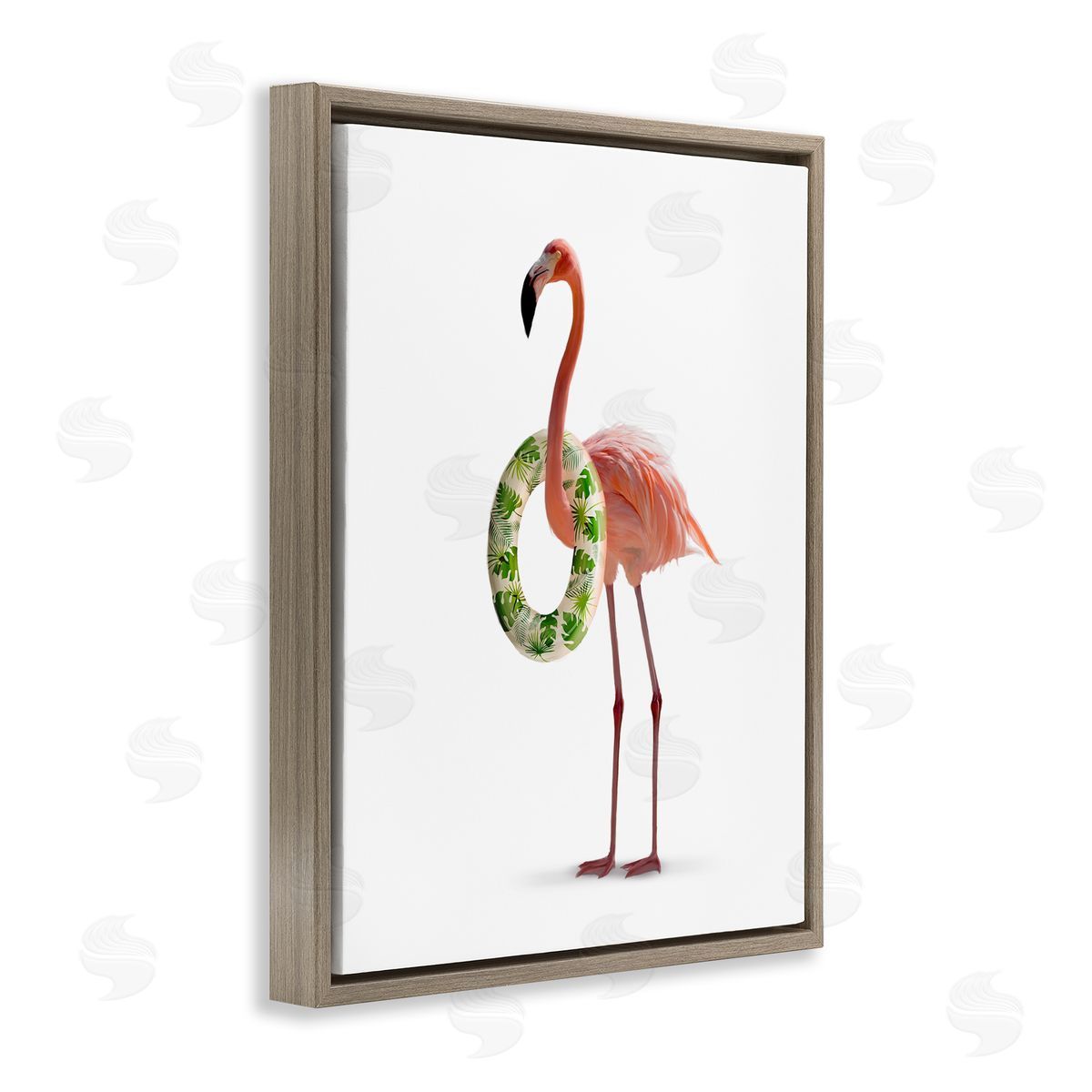 Flamingo with Pool Toy Brown Floating Frame Canvas Wall Art, Home Decor by Ziwei Li