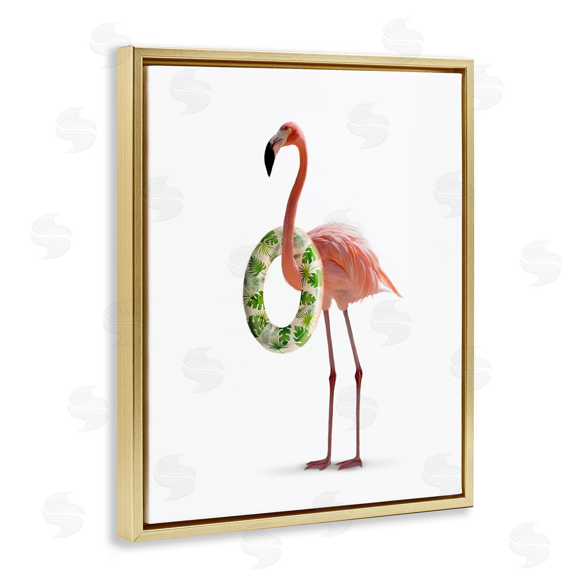 Flamingo with Pool Toy Gold Floating Frame Canvas Wall Art, Home Decor by Ziwei Li