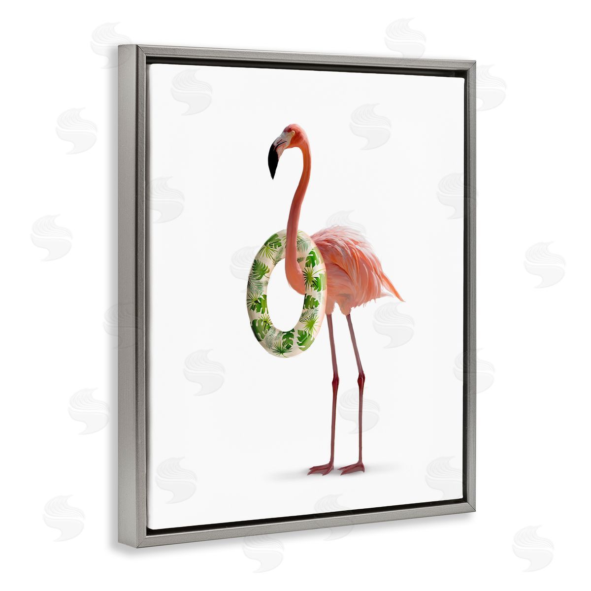 Flamingo with Pool Toy Grey Floating Frame Canvas Wall Art, Home Decor by Ziwei Li
