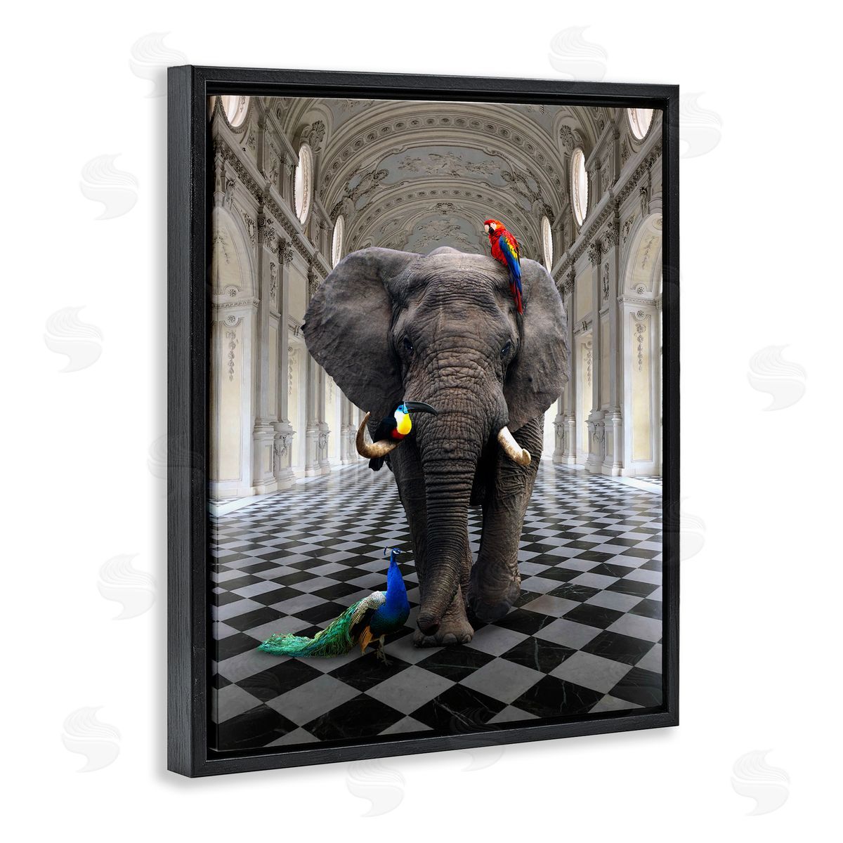 Elephant in Classical Architecture Black Floating Frame Canvas Wall Art, Home Decor by Ziwei Li