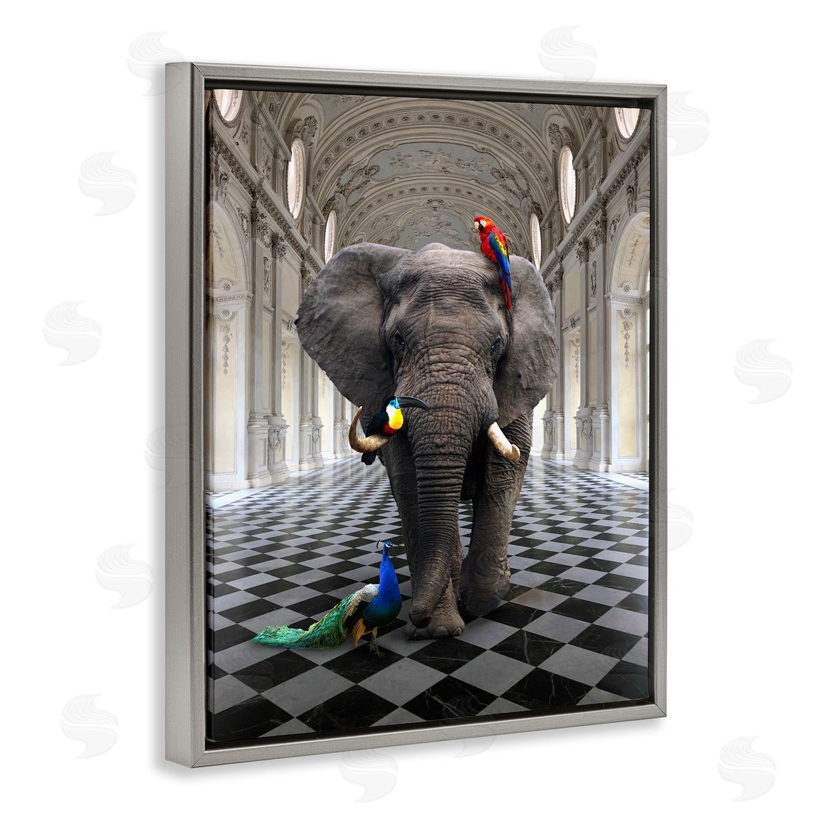 Elephant in Classical Architecture Grey Floating Frame Canvas Wall Art, Home Decor by Ziwei Li