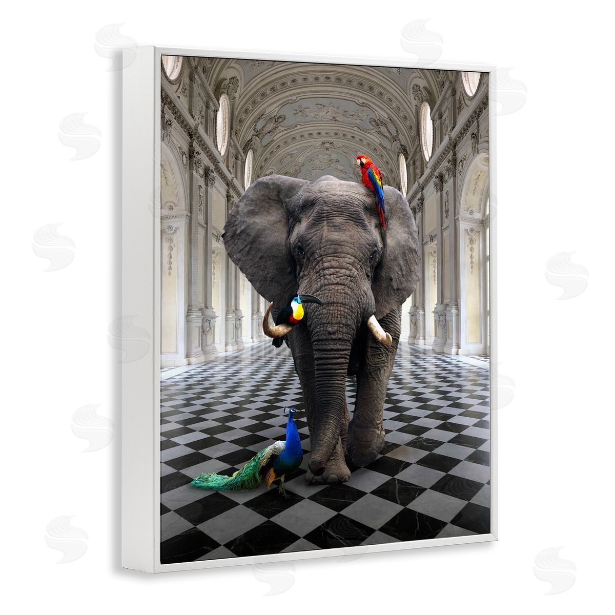 Elephant in Classical Architecture White Frame Print Wall Art, Home Decor by Ziwei Li