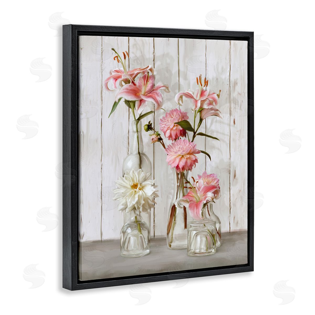 Spring Pink Florals in Glass Jars Black Floating Frame Canvas Wall Art, Home Decor by Ziwei Li