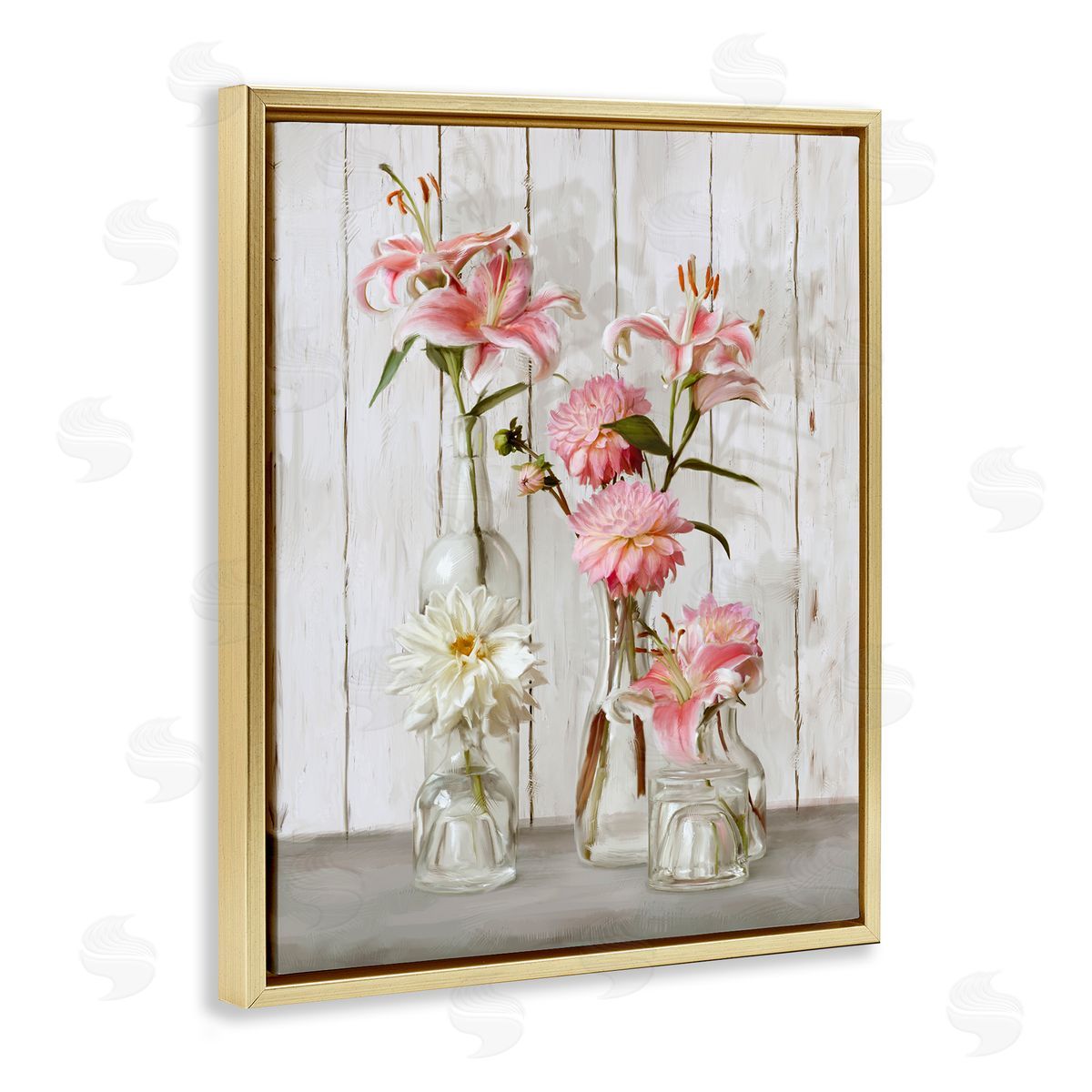 Spring Pink Florals in Glass Jars Gold Floating Frame Canvas Wall Art, Home Decor by Ziwei Li