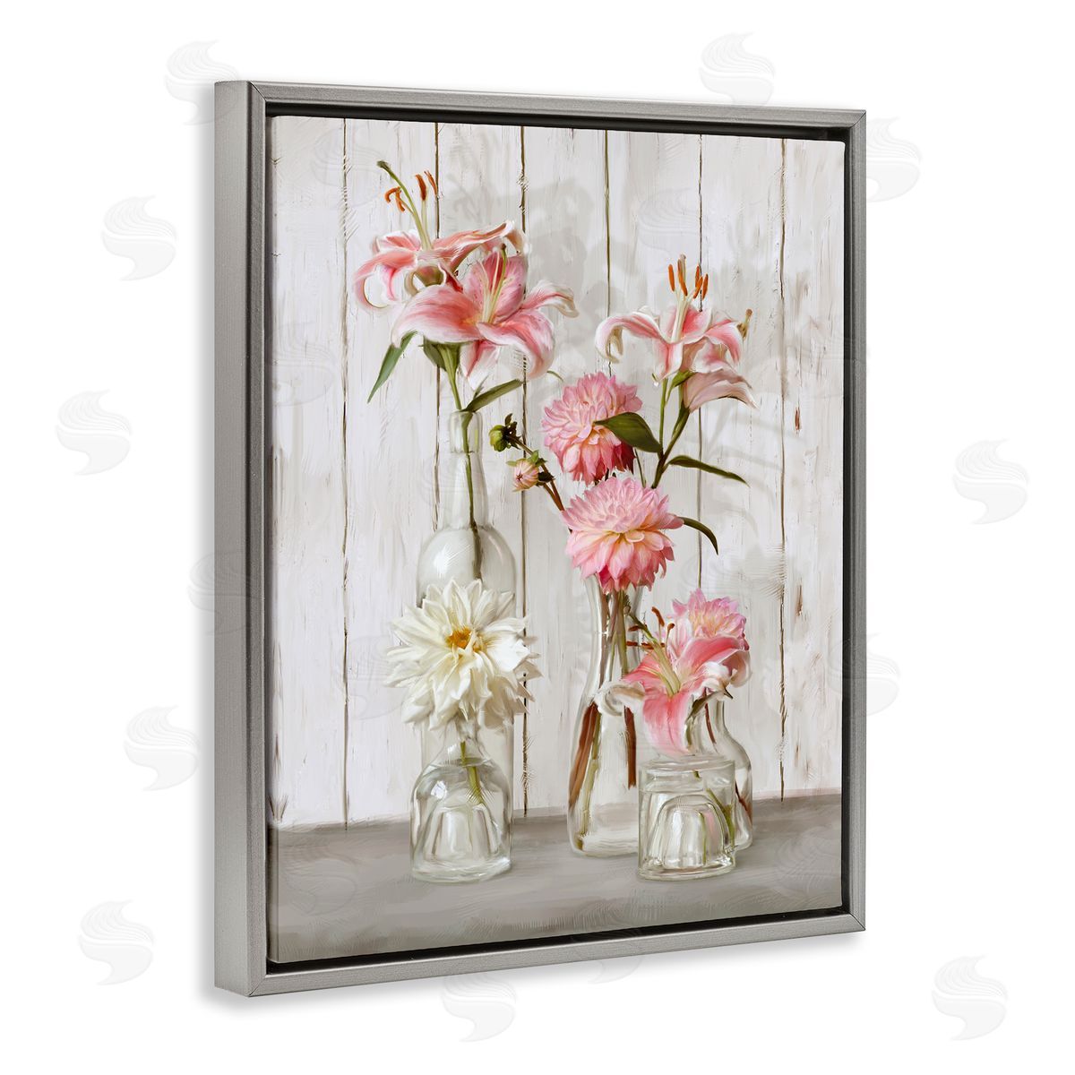 Spring Pink Florals in Glass Jars Grey Floating Frame Canvas Wall Art, Home Decor by Ziwei Li