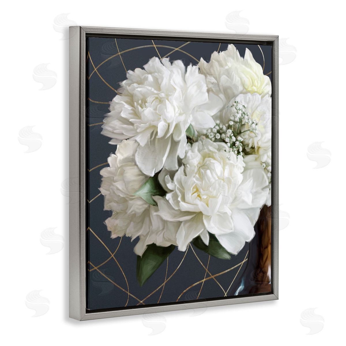 White Flower Bouquet Petals Grey Floating Frame Canvas Wall Art, Home Decor by Ziwei Li