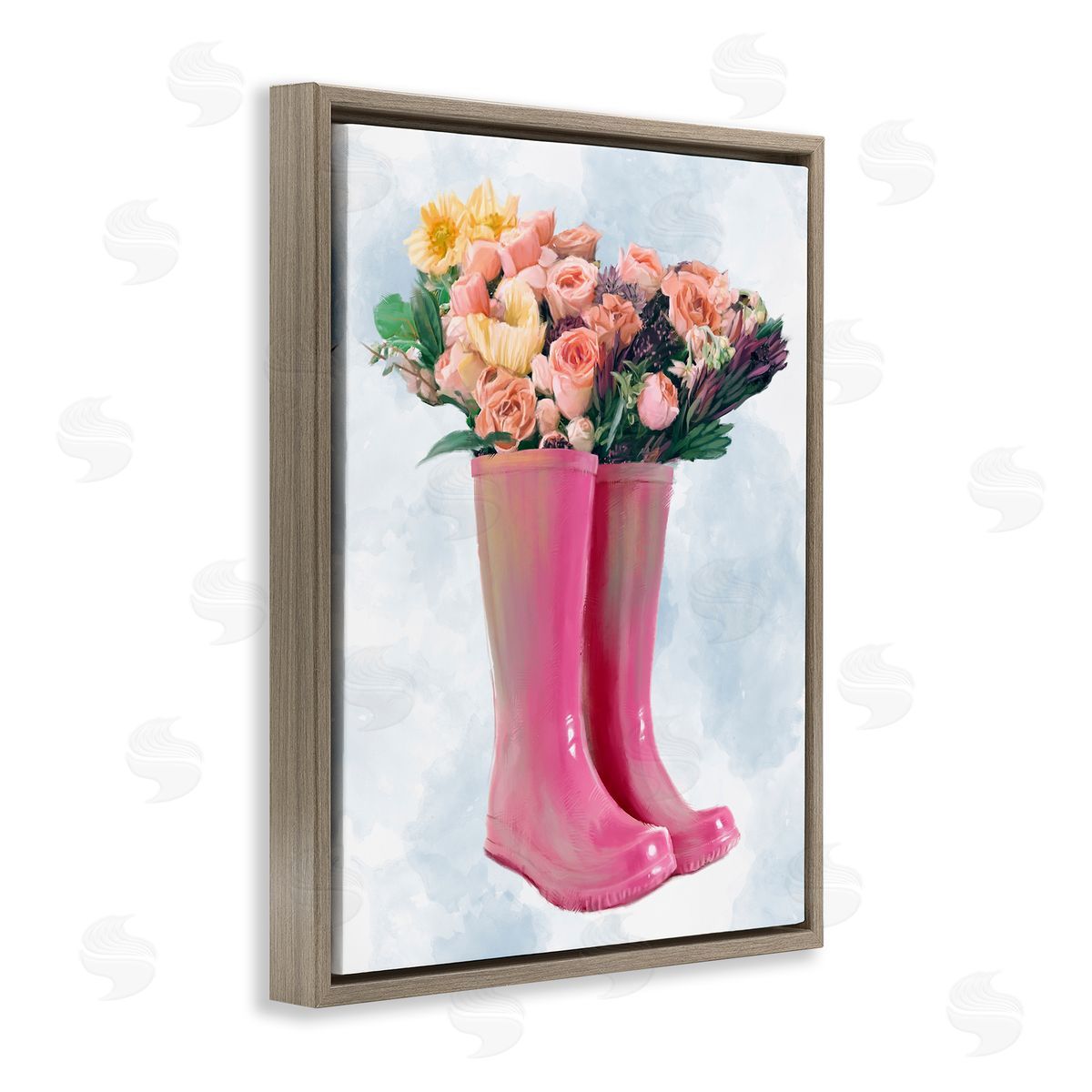 Spring Roses in Pink Rainboots Brown Floating Frame Canvas Wall Art, Home Decor by Ziwei Li