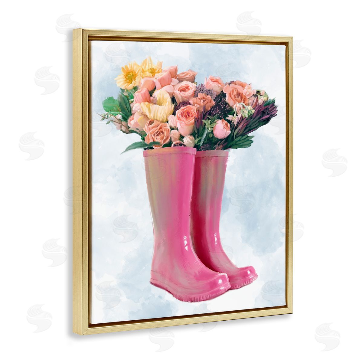 Spring Roses in Pink Rainboots Gold Floating Frame Canvas Wall Art, Home Decor by Ziwei Li