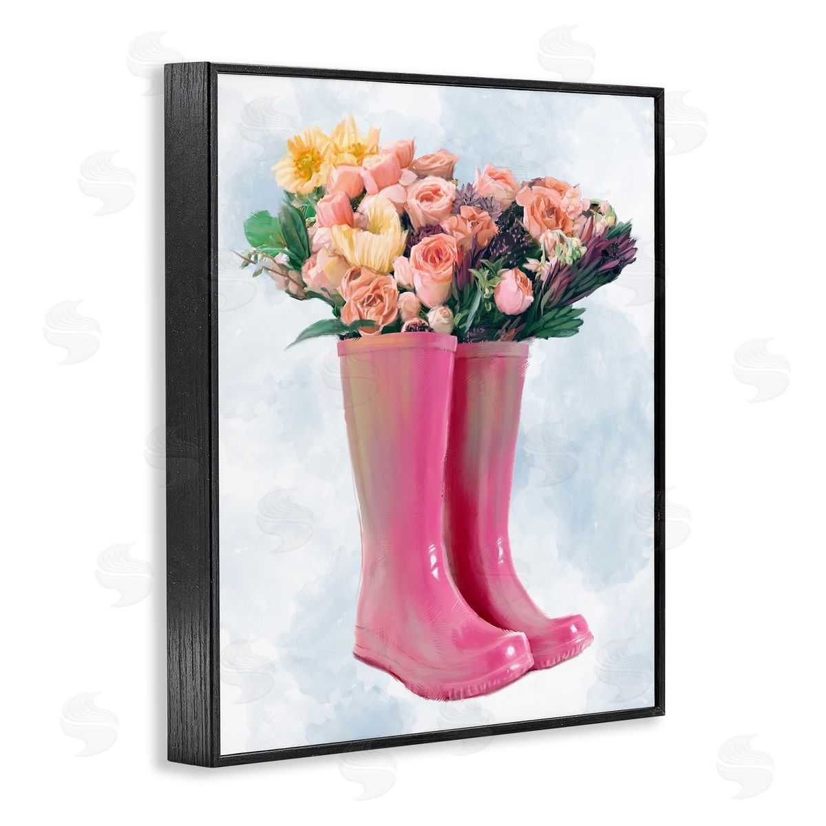 Spring Roses in Pink Rainboots Black Frame Print Wall Art, Home Decor by Ziwei Li