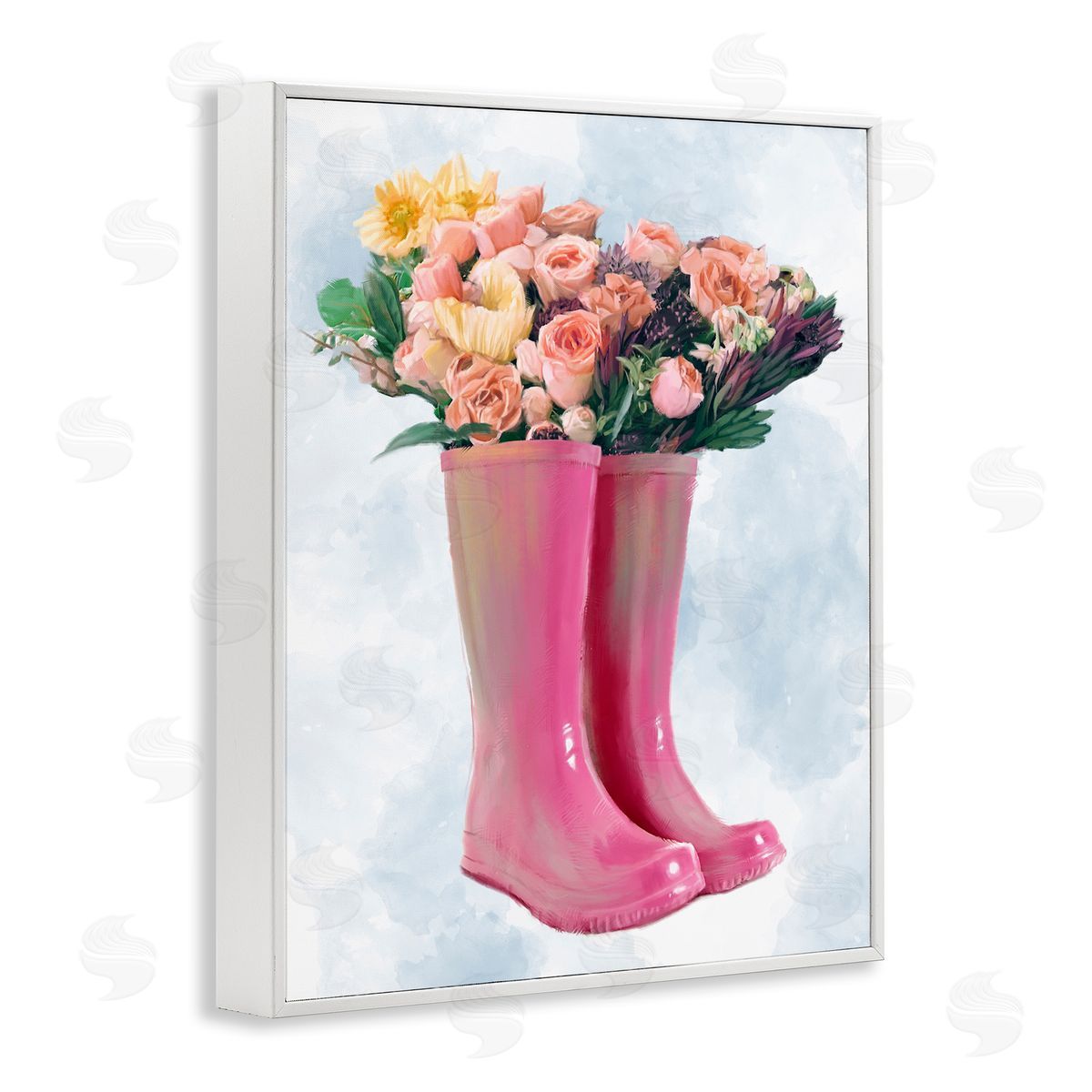 Spring Roses in Pink Rainboots White Frame Print Wall Art, Home Decor by Ziwei Li
