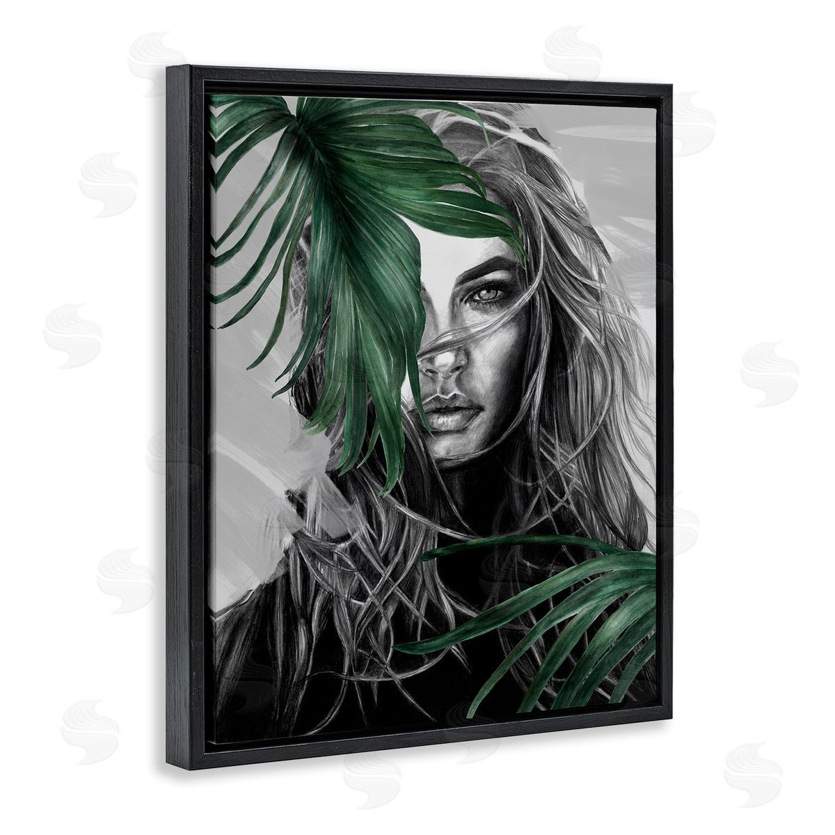 Female Portrait with Ferns Black Floating Frame Canvas Wall Art, Home Decor by Patricia Mendes