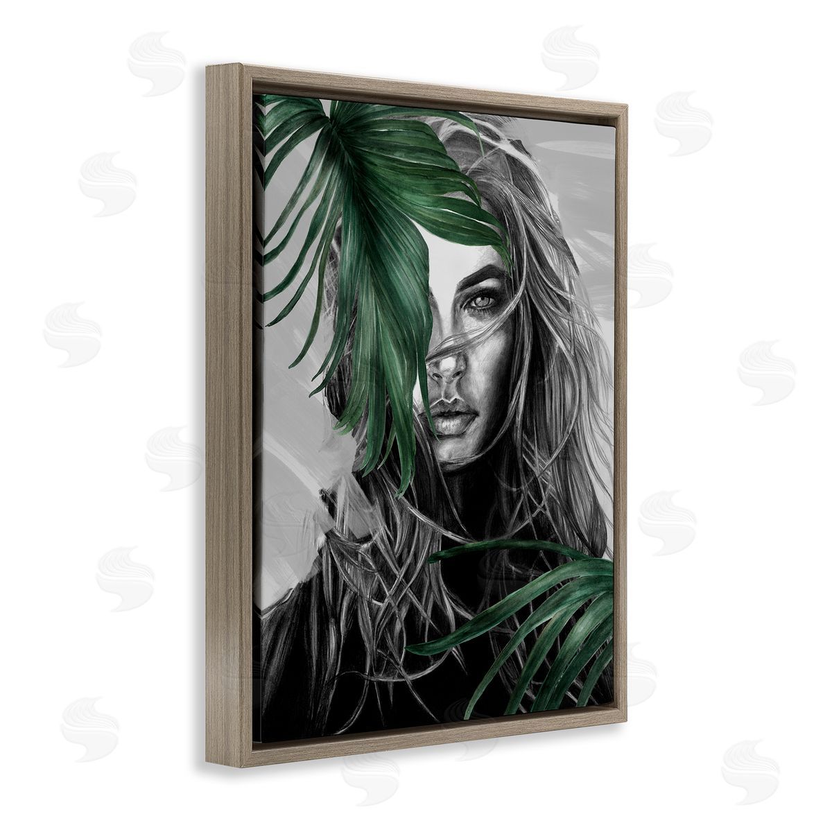 Female Portrait with Ferns Brown Floating Frame Canvas Wall Art, Home Decor by Patricia Mendes