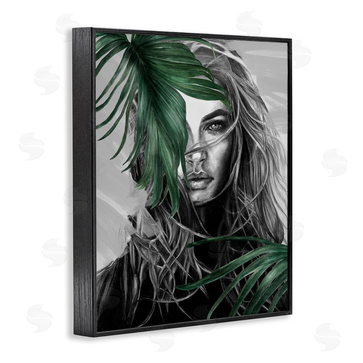 Female Portrait with Ferns Black Frame Print Wall Art, Home Decor by Patricia Mendes