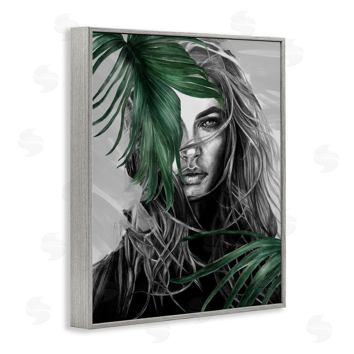 Female Portrait with Ferns Grey Frame Print Wall Art, Home Decor by Patricia Mendes