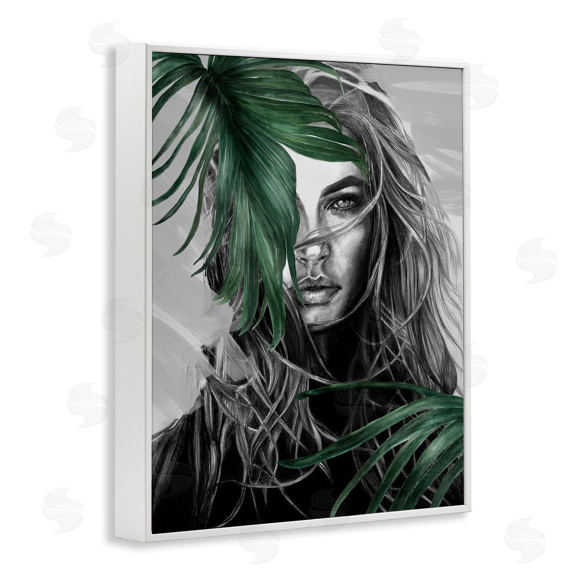 Female Portrait with Ferns White Frame Print Wall Art, Home Decor by Patricia Mendes