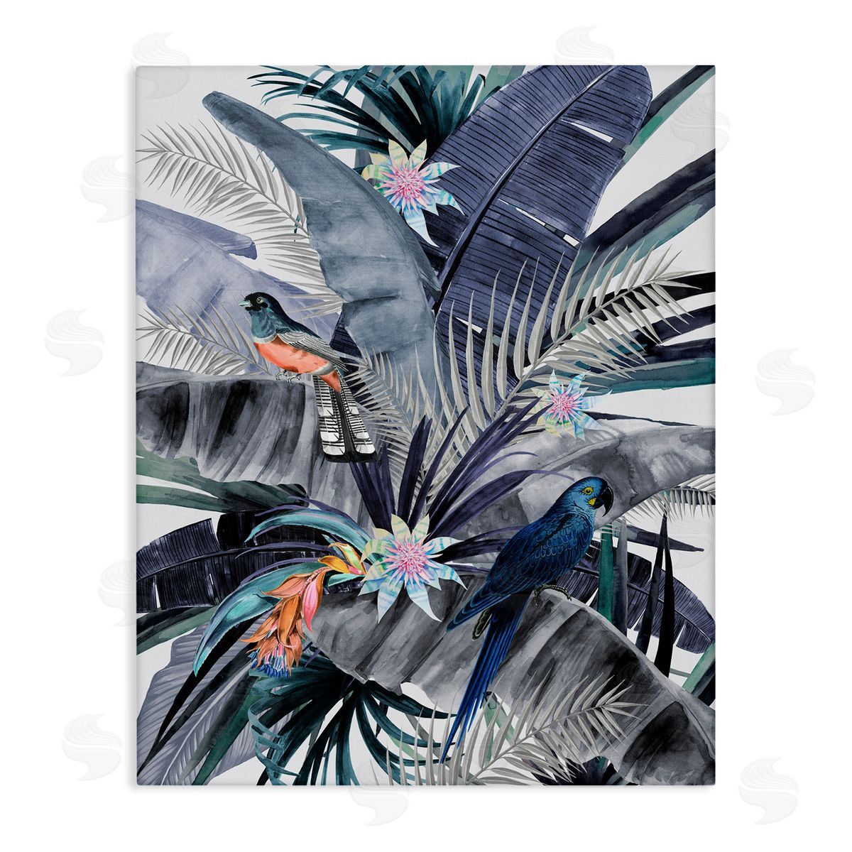 Tropical Birds and Blue Palms Canvas Wall Art, Home Decor by Urban Road