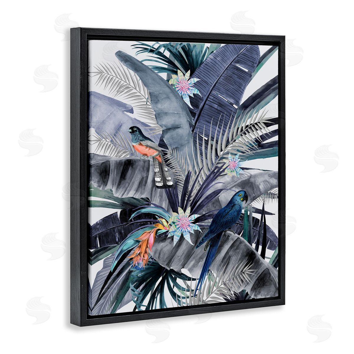 Tropical Birds and Blue Palms Black Floating Frame Canvas Wall Art, Home Decor by Urban Road