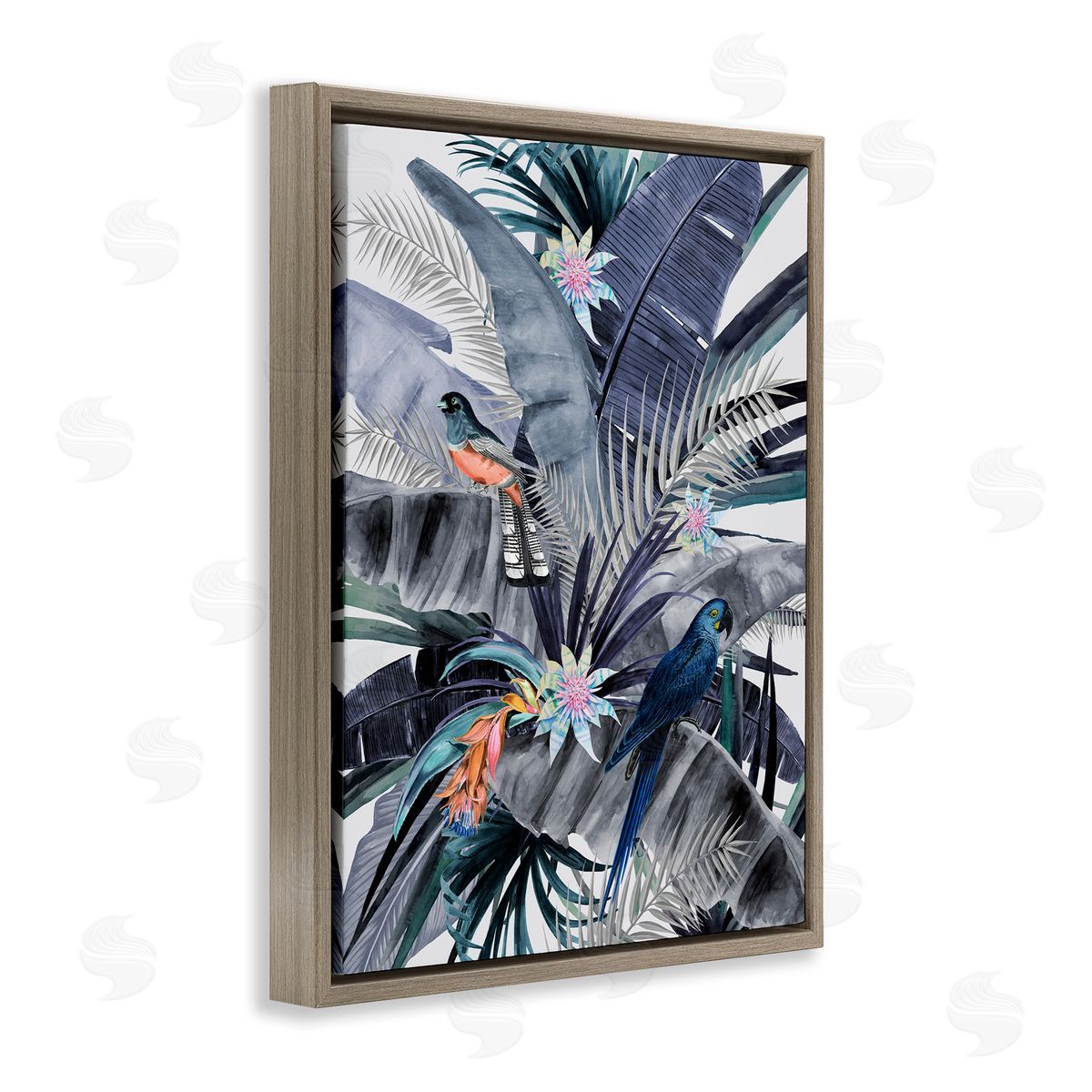 Tropical Birds and Blue Palms Brown Floating Frame Canvas Wall Art, Home Decor by Urban Road