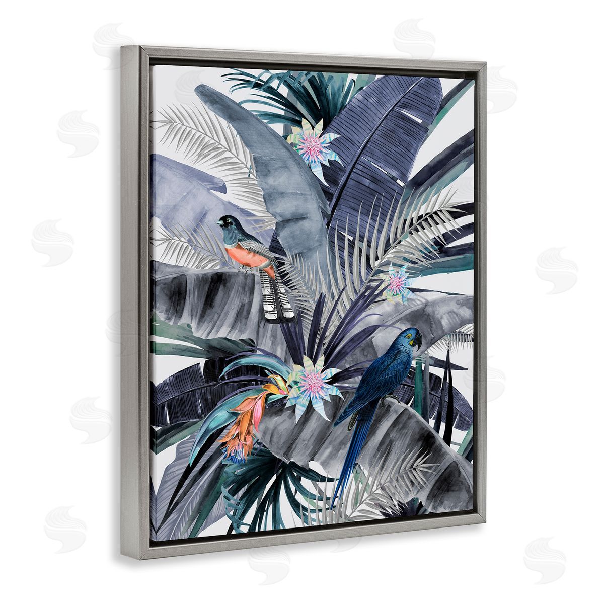 Tropical Birds and Blue Palms Grey Floating Frame Canvas Wall Art, Home Decor by Urban Road