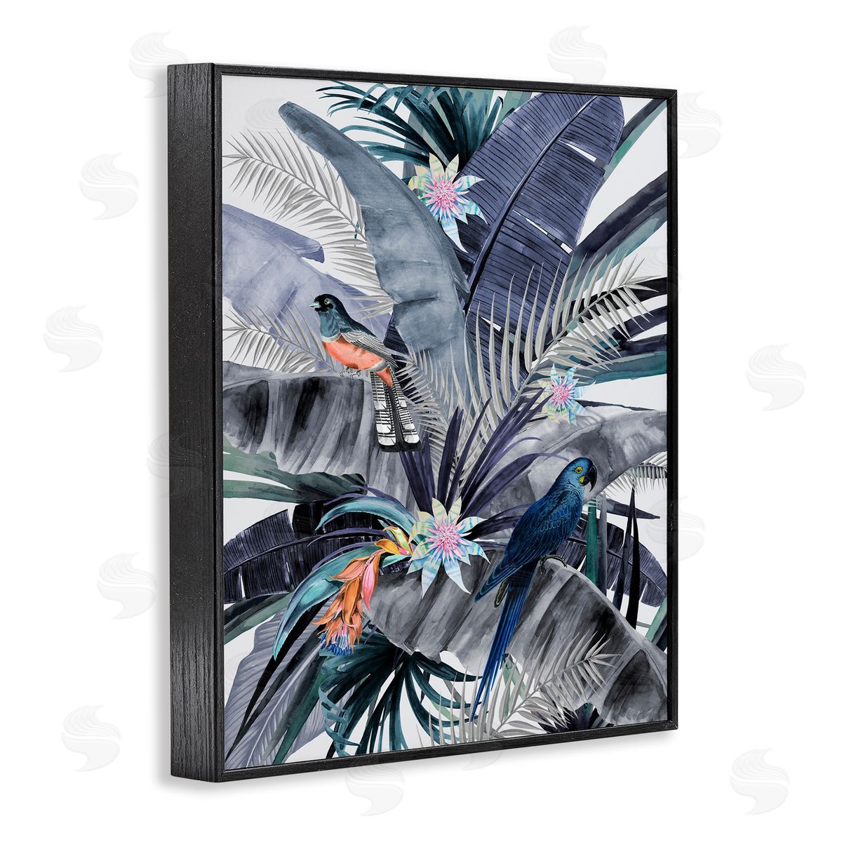 Tropical Birds and Blue Palms Black Frame Print Wall Art, Home Decor by Urban Road