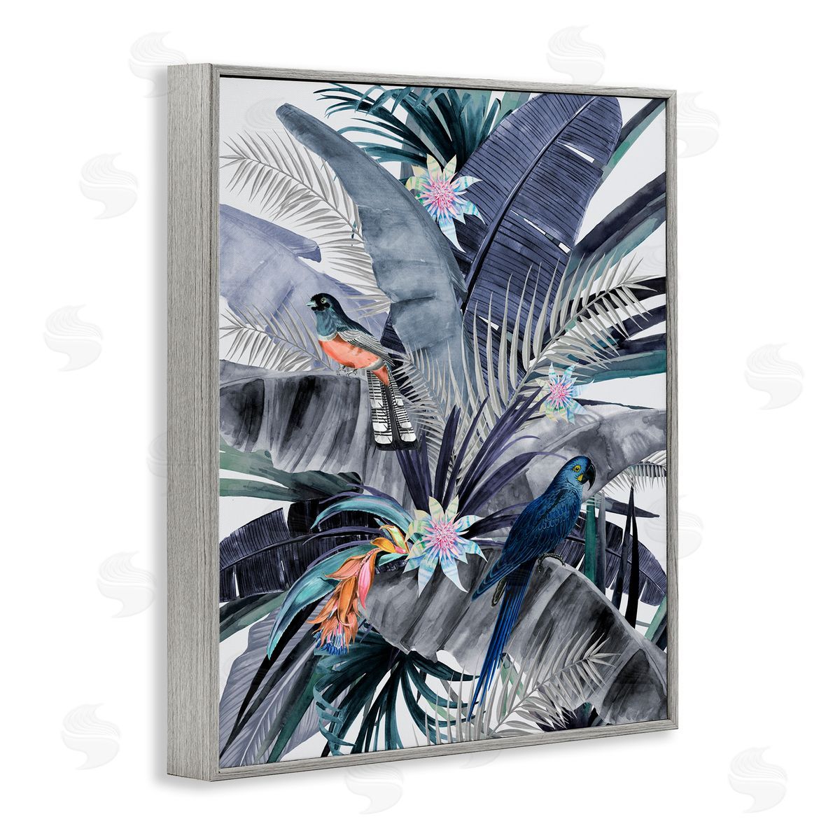 Tropical Birds and Blue Palms Grey Frame Print Wall Art, Home Decor by Urban Road