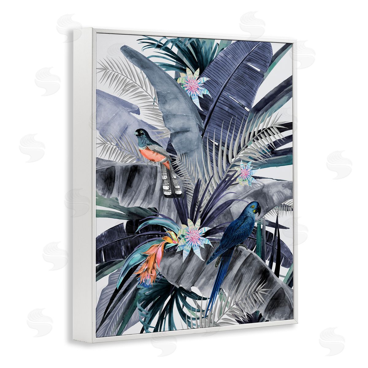 Tropical Birds and Blue Palms White Frame Print Wall Art, Home Decor by Urban Road