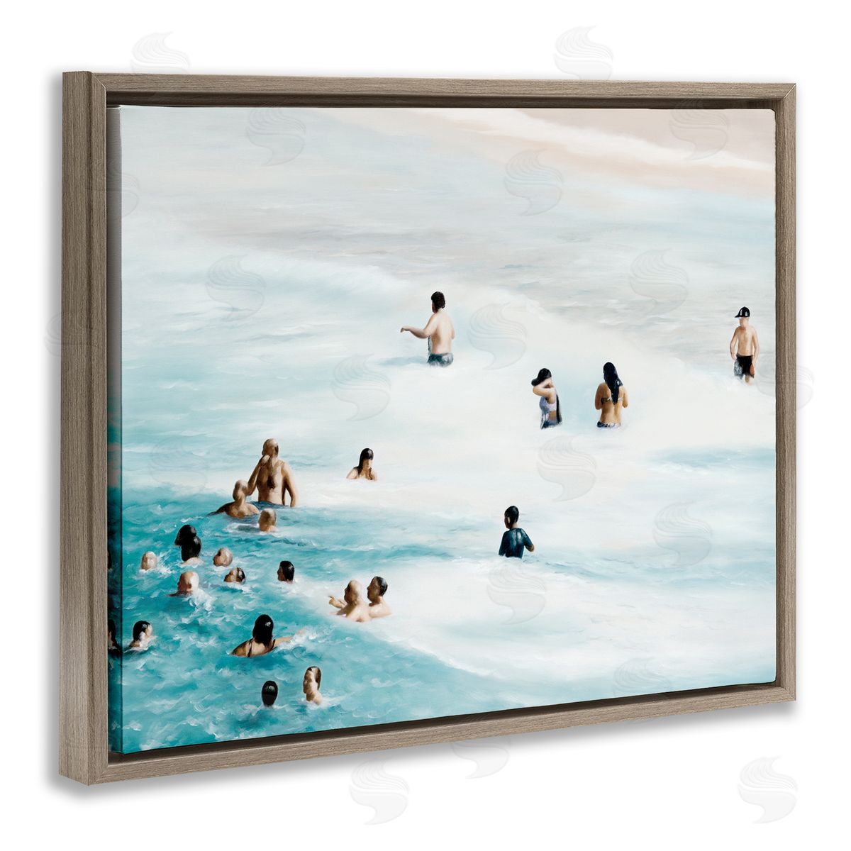 People Swimming in Beach Waves Brown Floating Frame Canvas Wall Art, Home Decor by Urban Road
