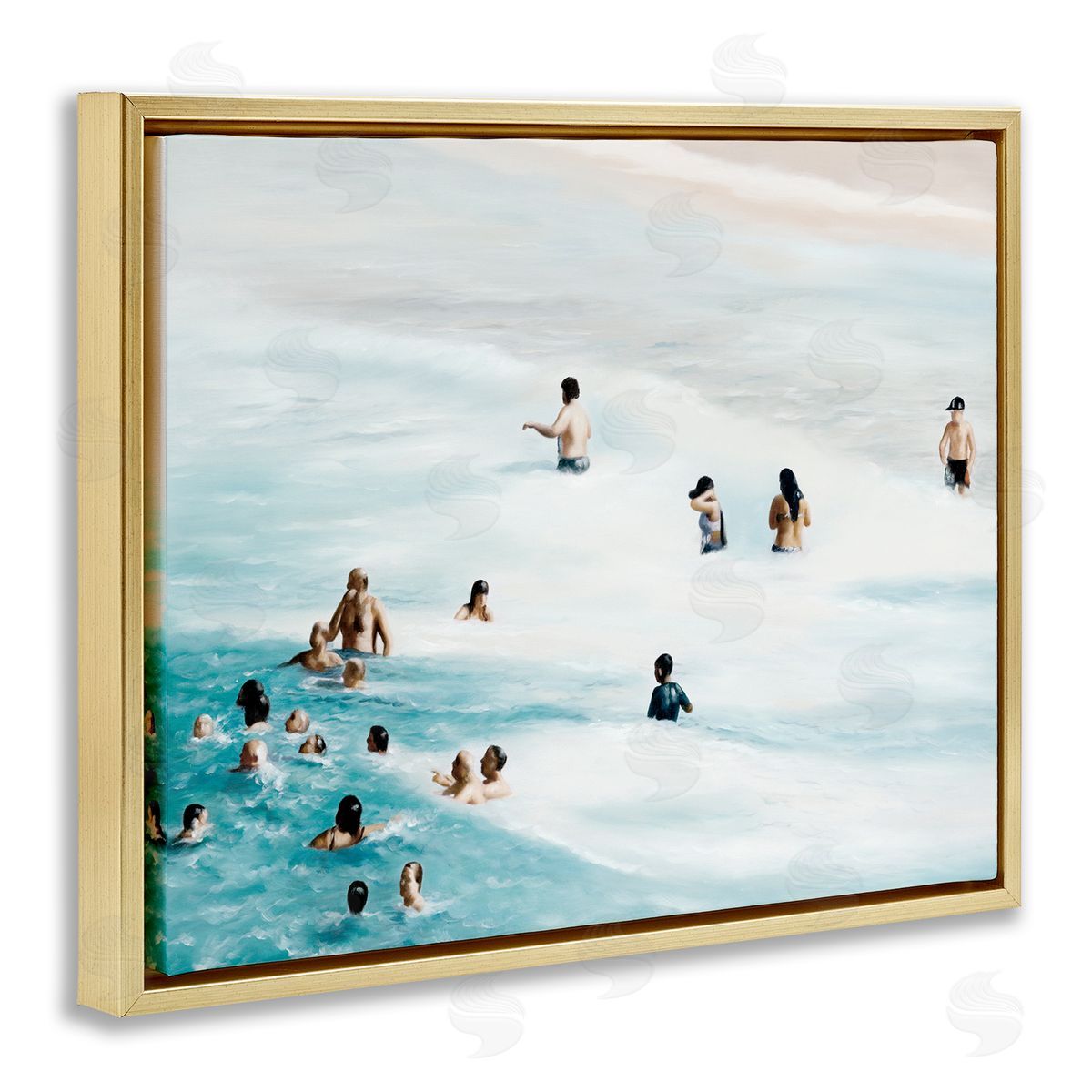 People Swimming in Beach Waves Gold Floating Frame Canvas Wall Art, Home Decor by Urban Road