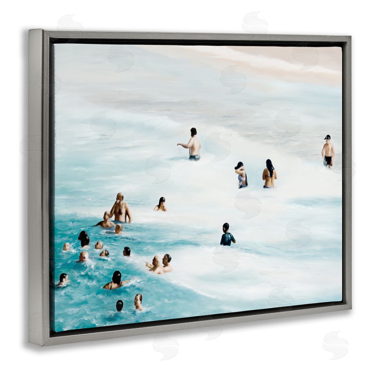 People Swimming in Beach Waves Grey Floating Frame Canvas Wall Art, Home Decor by Urban Road