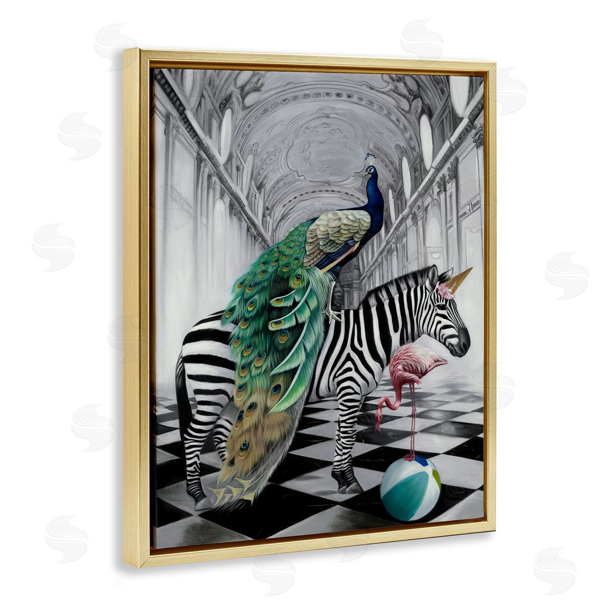Safari Animals in Classic Architecture Gold Floating Frame Canvas Wall Art, Home Decor by Urban Road