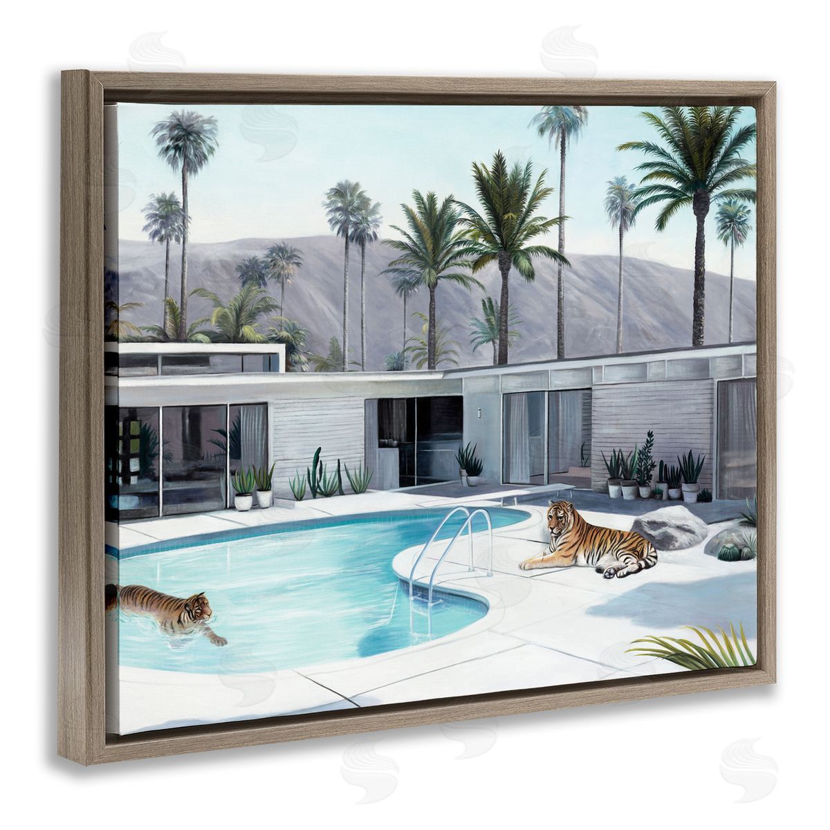 Tiger in Modern Swimming Pool Brown Floating Frame Canvas Wall Art, Home Decor by Urban Road