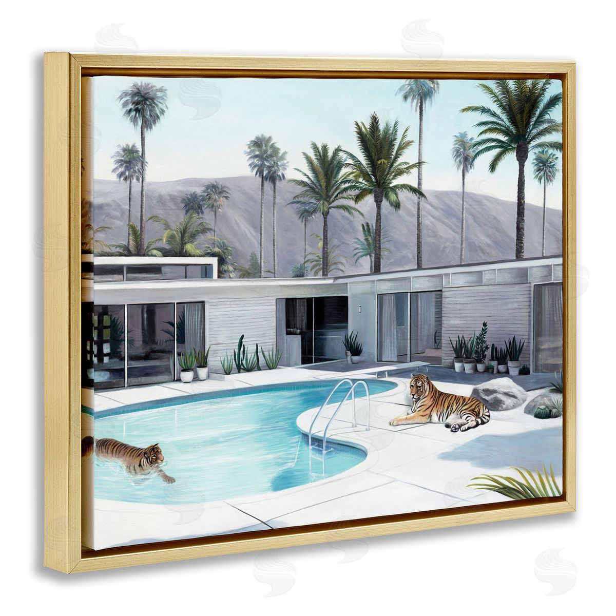 Tiger in Modern Swimming Pool Gold Floating Frame Canvas Wall Art, Home Decor by Urban Road