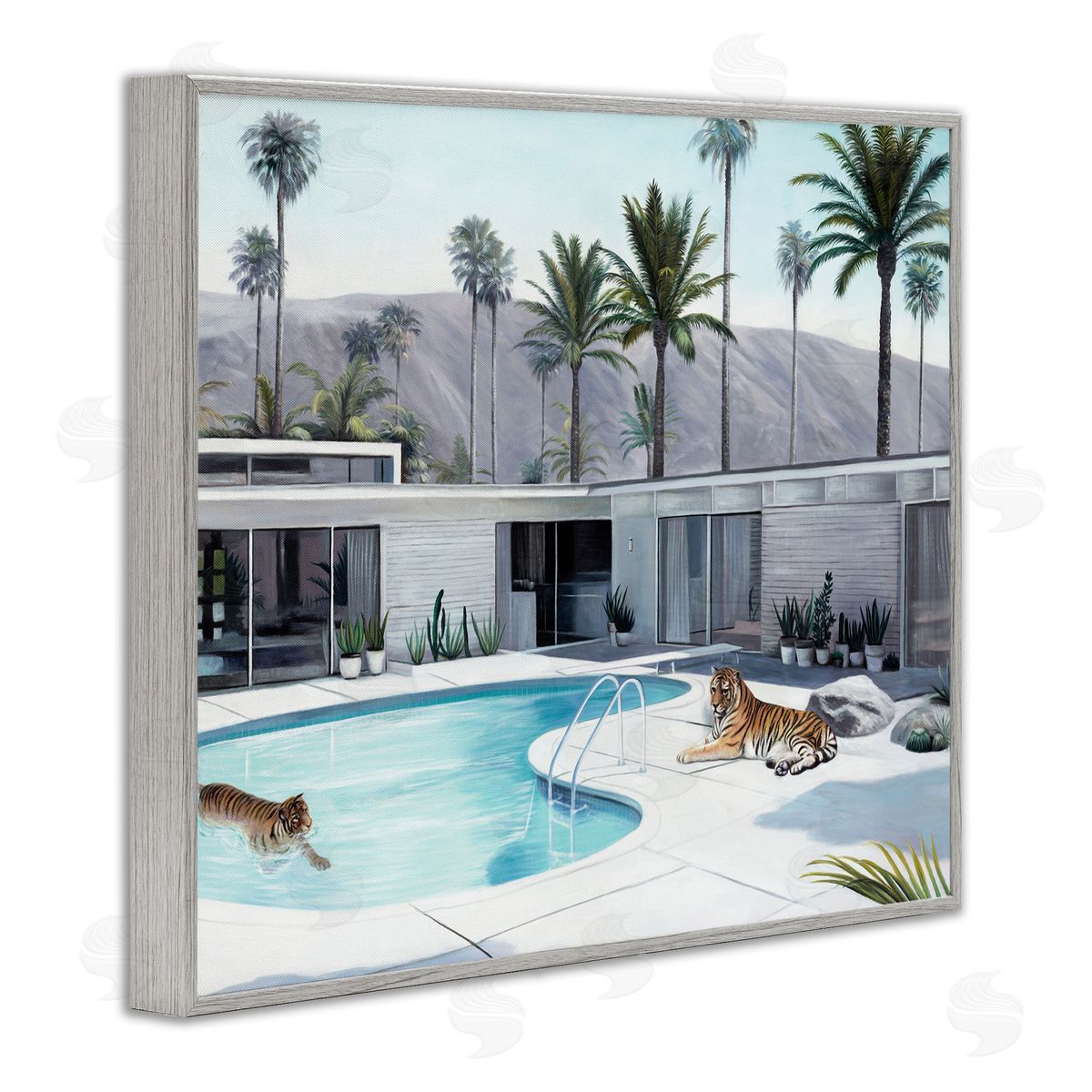 Tiger in Modern Swimming Pool Grey Frame Print Wall Art, Home Decor by Urban Road