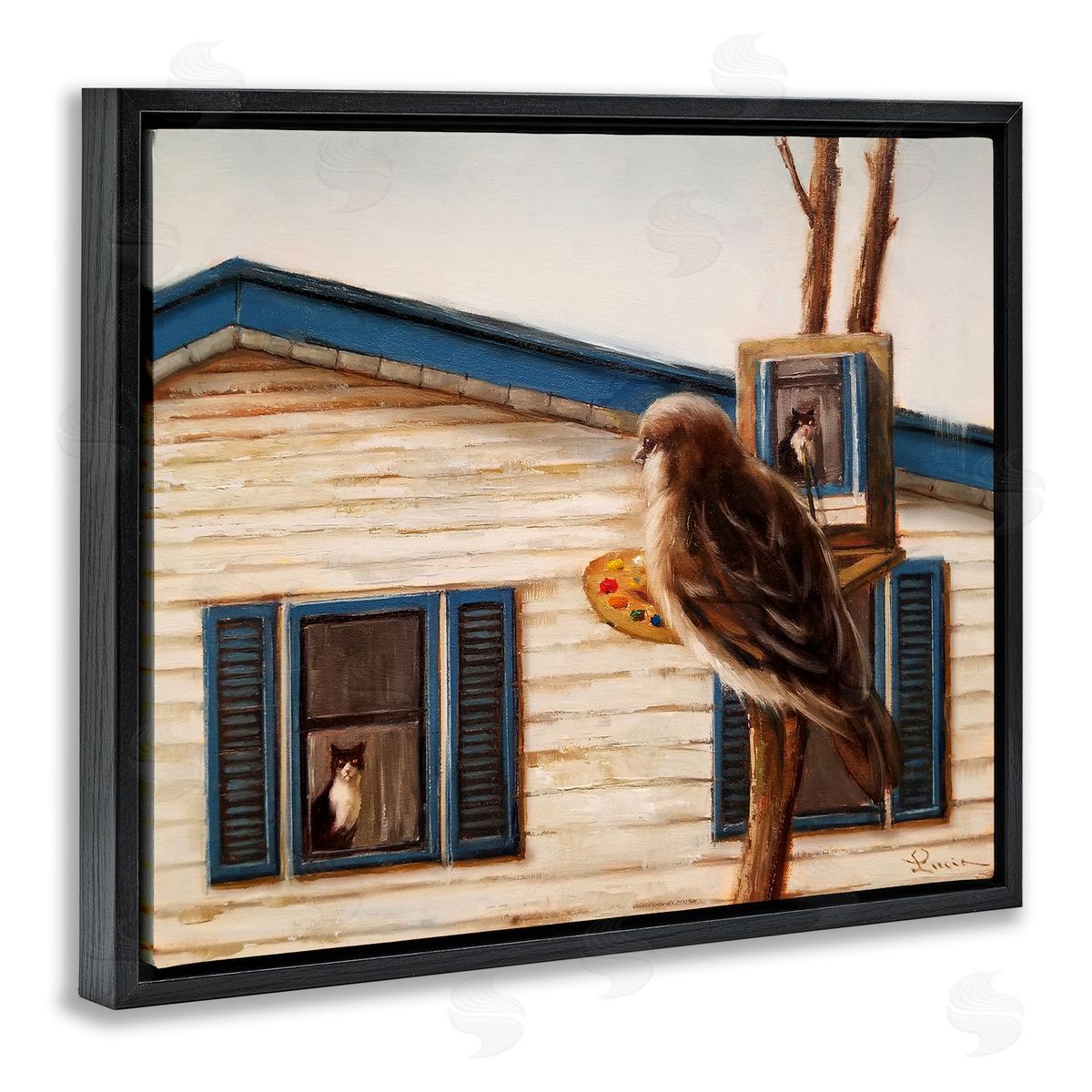Bird Paints Indoor Cat Portrait Black Floating Frame Canvas Wall Art, Home Decor by Lucia Heffernan
