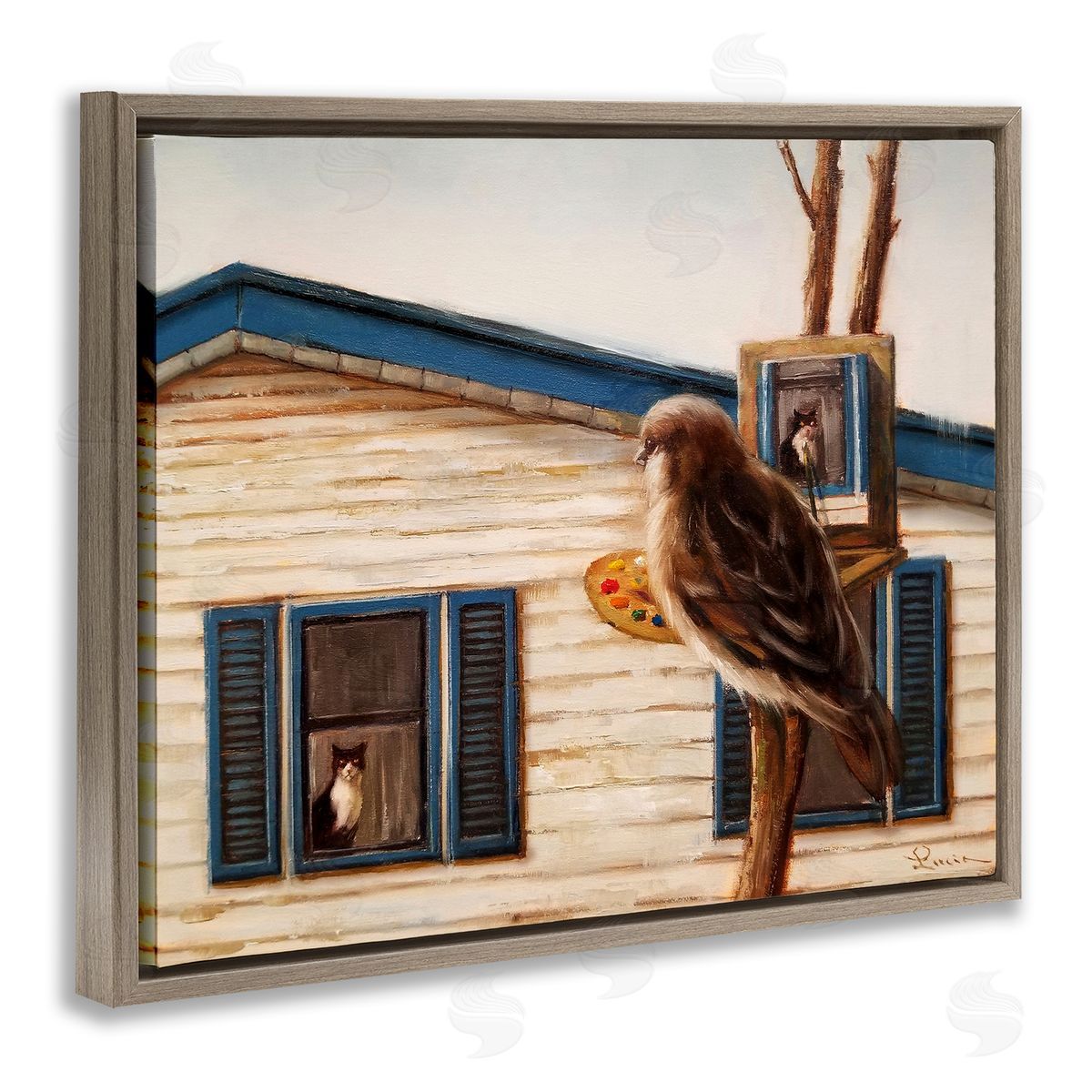 Bird Paints Indoor Cat Portrait Brown Floating Frame Canvas Wall Art, Home Decor by Lucia Heffernan
