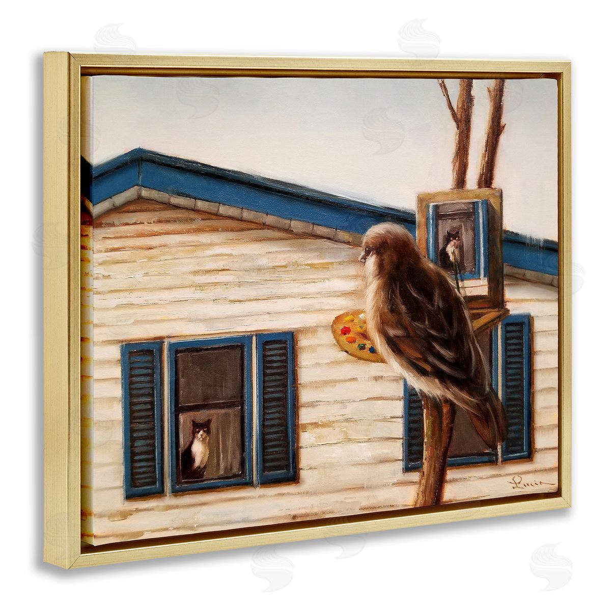 Bird Paints Indoor Cat Portrait Gold Floating Frame Canvas Wall Art, Home Decor by Lucia Heffernan