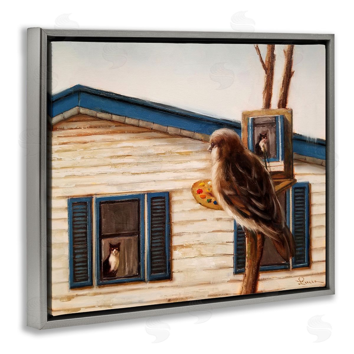 Bird Paints Indoor Cat Portrait Grey Floating Frame Canvas Wall Art, Home Decor by Lucia Heffernan