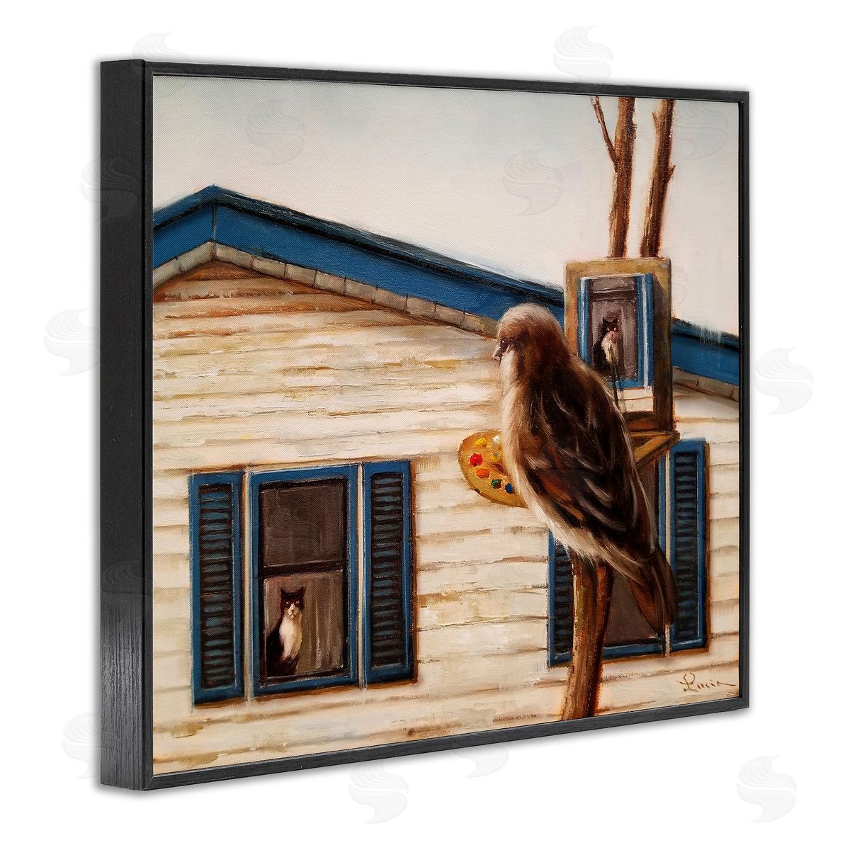 Bird Paints Indoor Cat Portrait Black Frame Print Wall Art, Home Decor by Lucia Heffernan