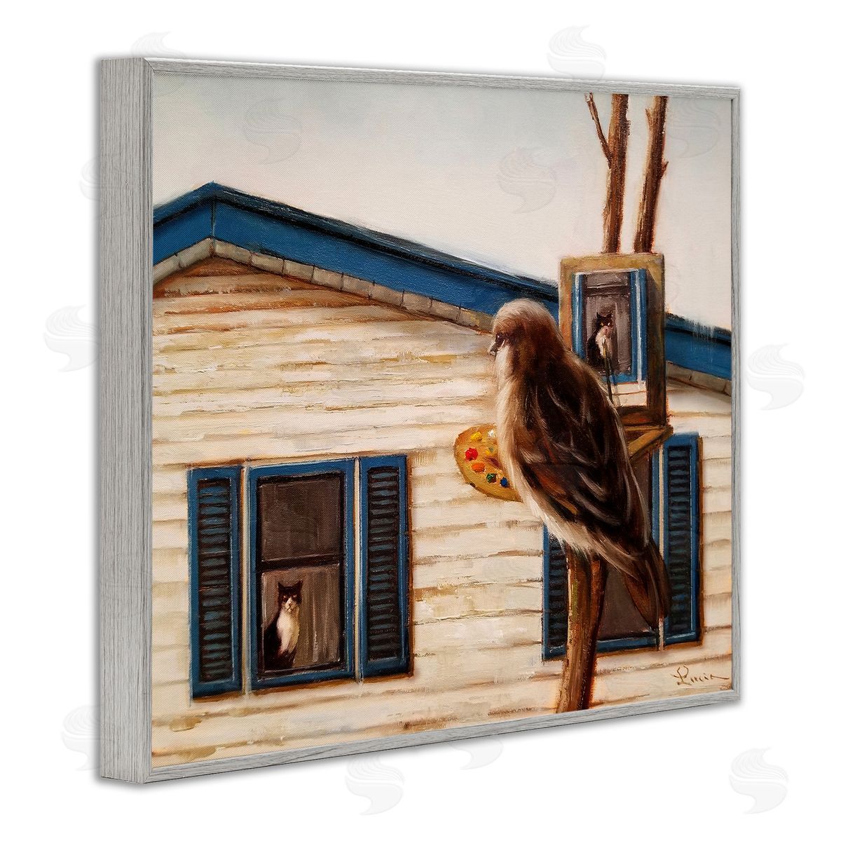 Bird Paints Indoor Cat Portrait Grey Frame Print Wall Art, Home Decor by Lucia Heffernan