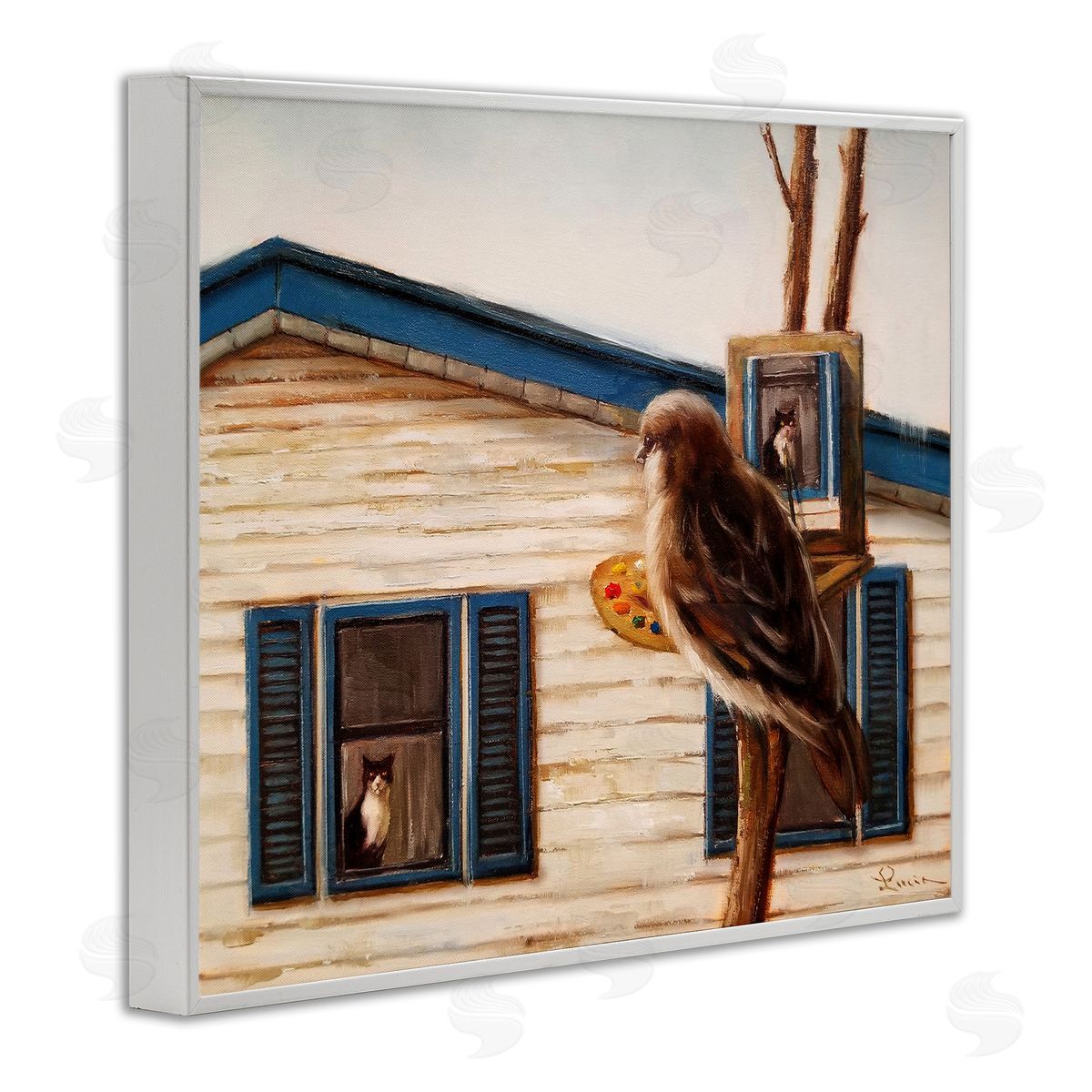 Bird Paints Indoor Cat Portrait White Frame Print Wall Art, Home Decor by Lucia Heffernan