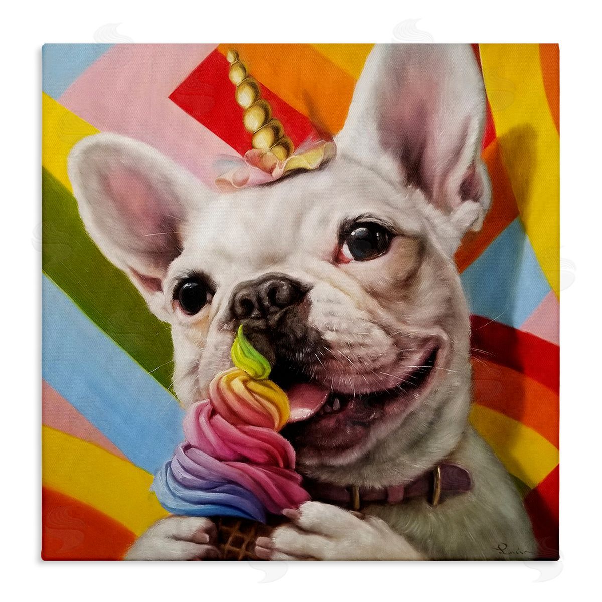 Rainbow French Bulldog Ice Cream Canvas Wall Art, Home Decor by Lucia Heffernan