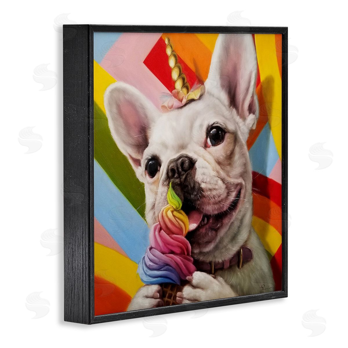 Rainbow French Bulldog Ice Cream Black Frame Print Wall Art, Home Decor by Lucia Heffernan