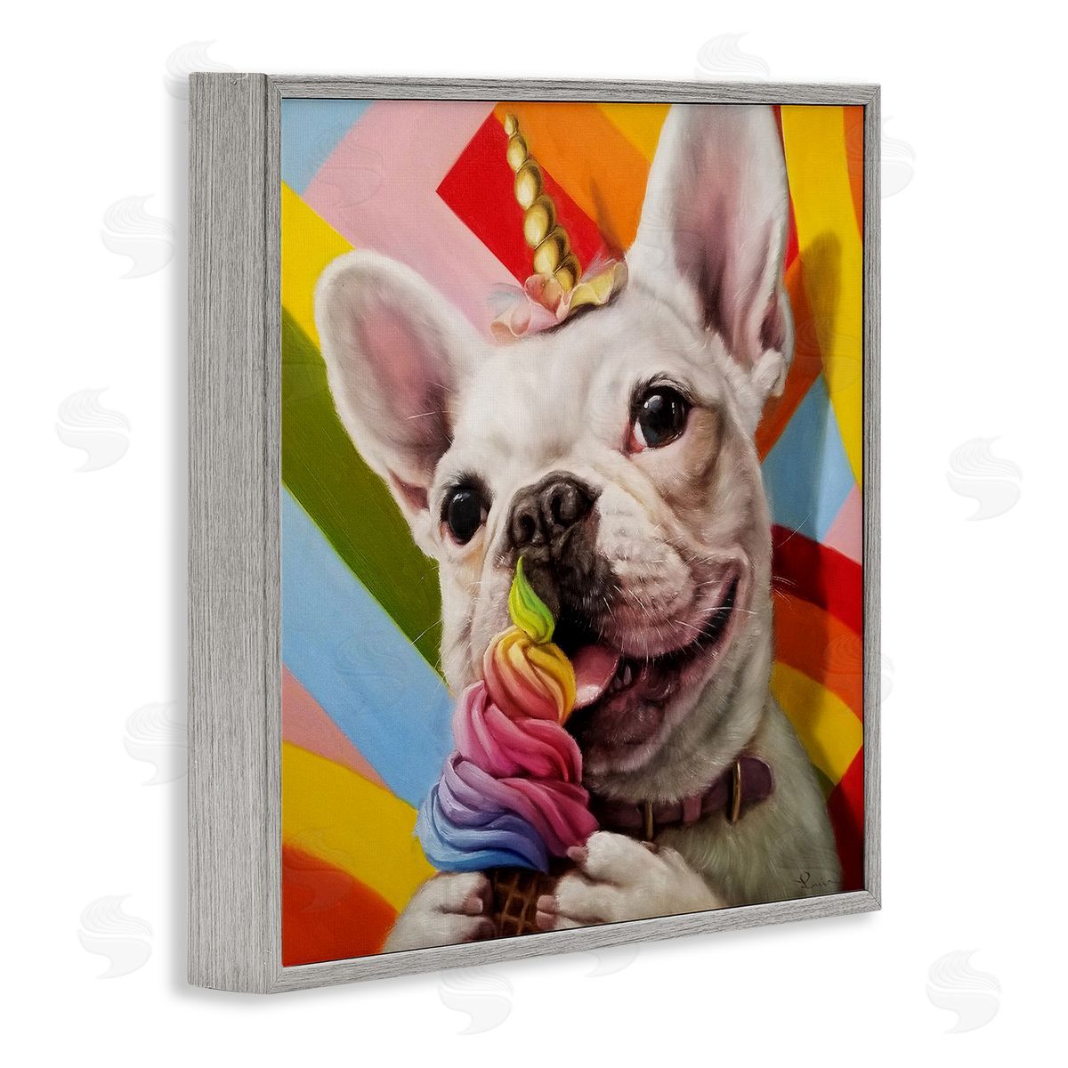 Rainbow French Bulldog Ice Cream Grey Frame Print Wall Art, Home Decor by Lucia Heffernan