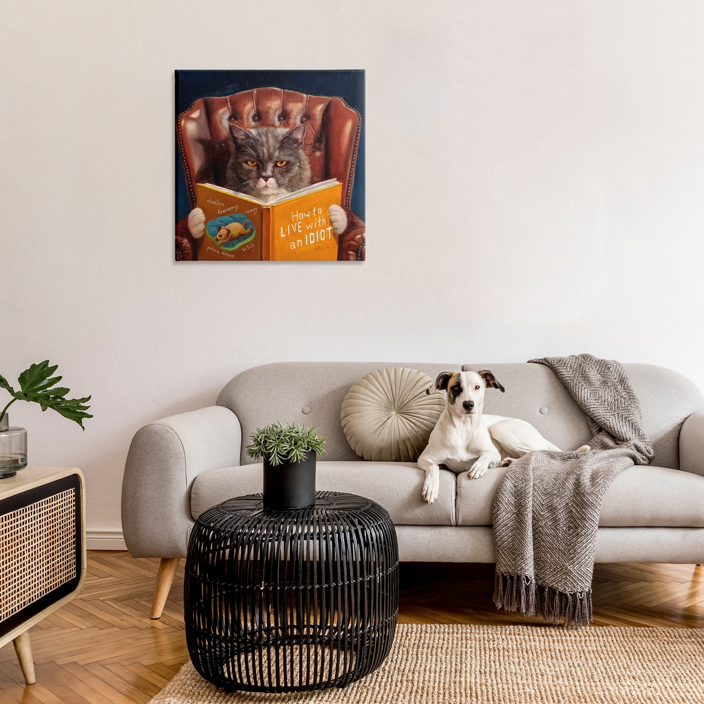 Funny Cat Reading Dog Book Canvas Wall Art in Room, Home Decor by Lucia Heffernan