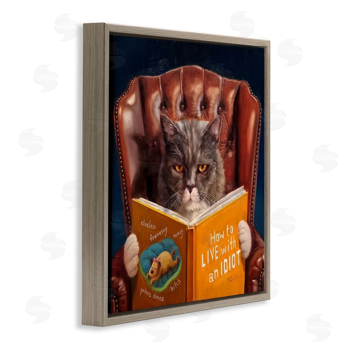 Funny Cat Reading Dog Book Brown Floating Frame Canvas Wall Art, Home Decor by Lucia Heffernan