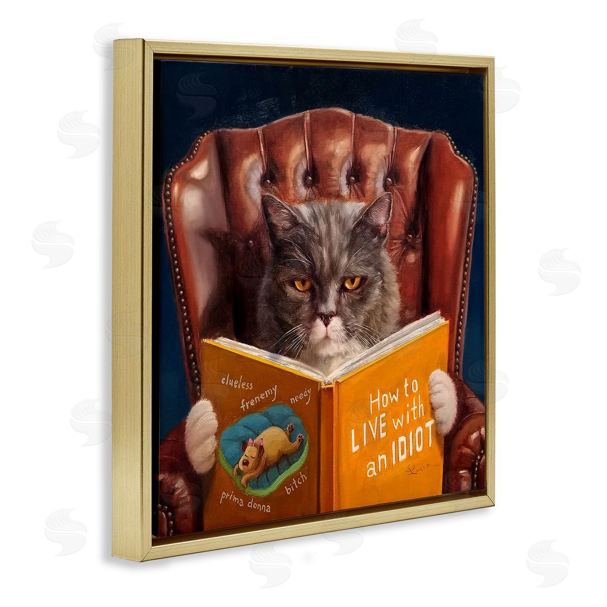 Funny Cat Reading Dog Book Gold Floating Frame Canvas Wall Art, Home Decor by Lucia Heffernan