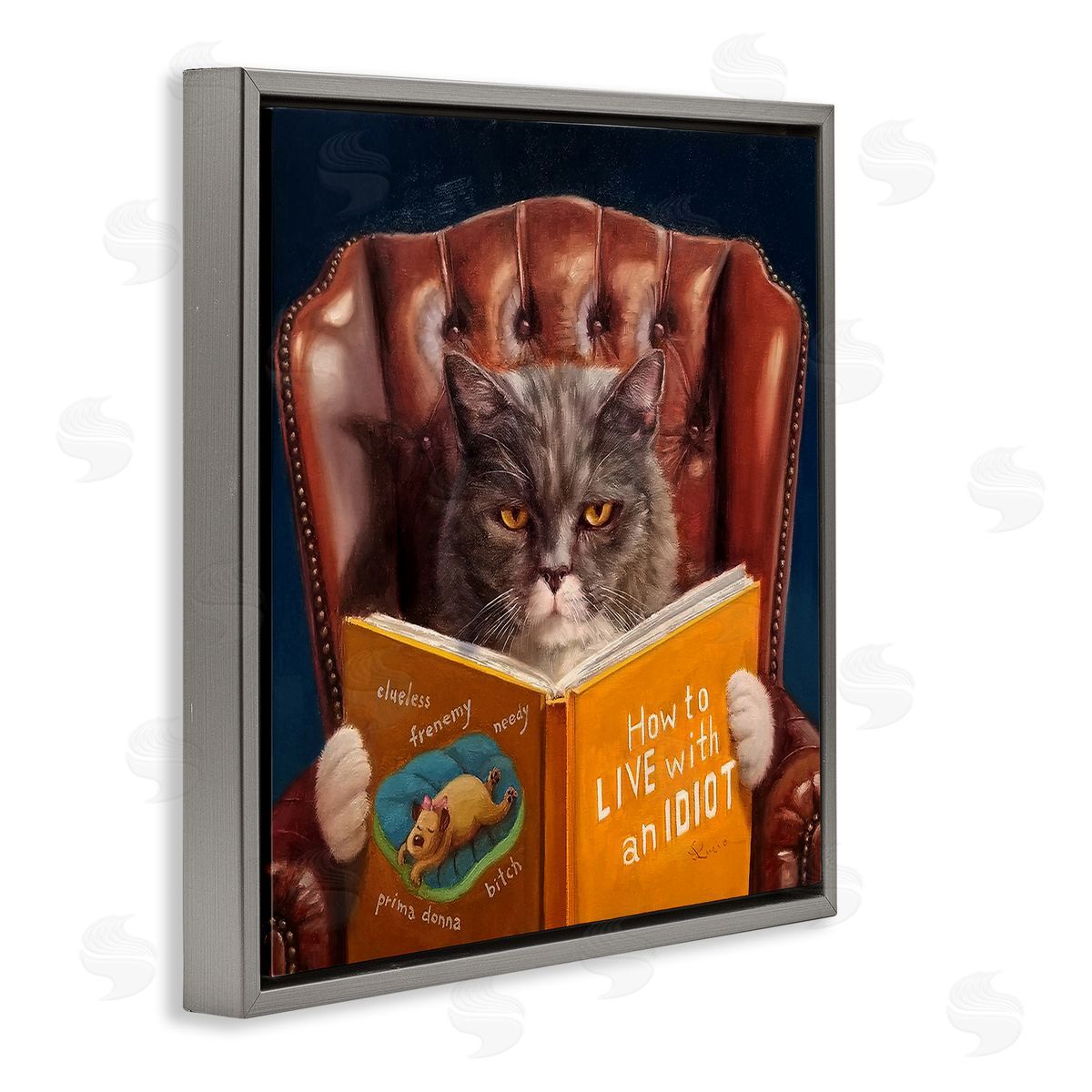 Funny Cat Reading Dog Book Grey Floating Frame Canvas Wall Art, Home Decor by Lucia Heffernan