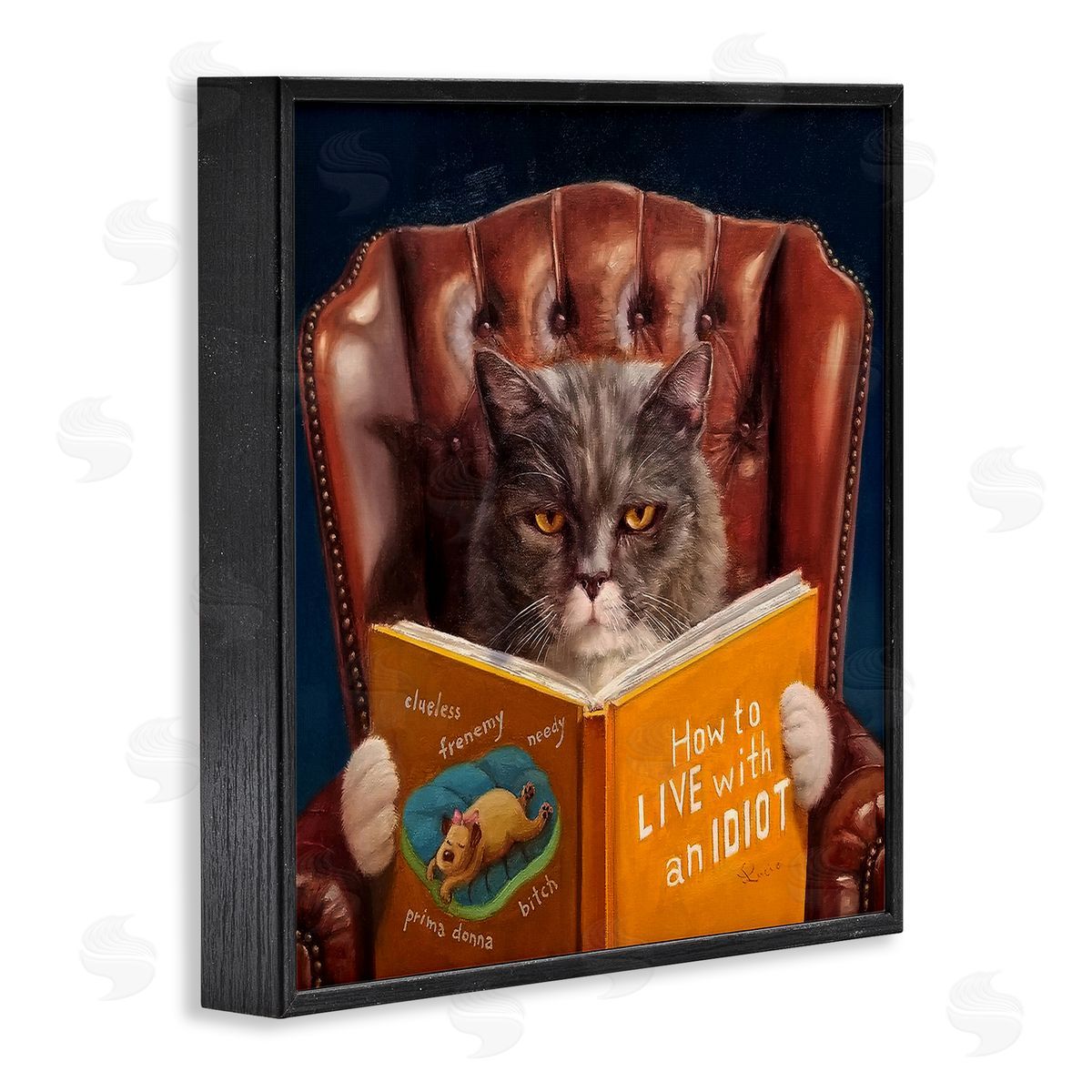 Funny Cat Reading Dog Book Black Frame Print Wall Art, Home Decor by Lucia Heffernan