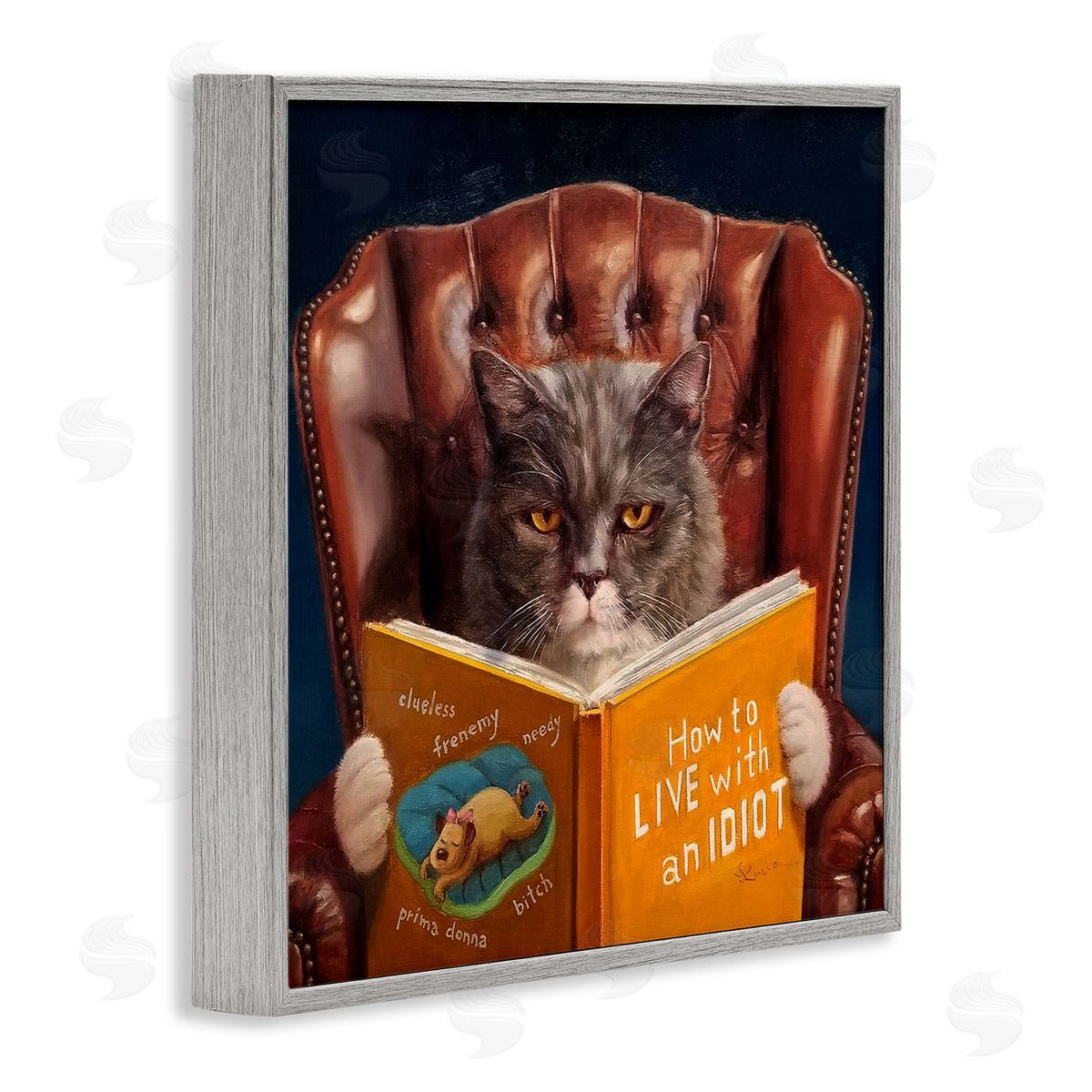 Funny Cat Reading Dog Book Grey Frame Print Wall Art, Home Decor by Lucia Heffernan